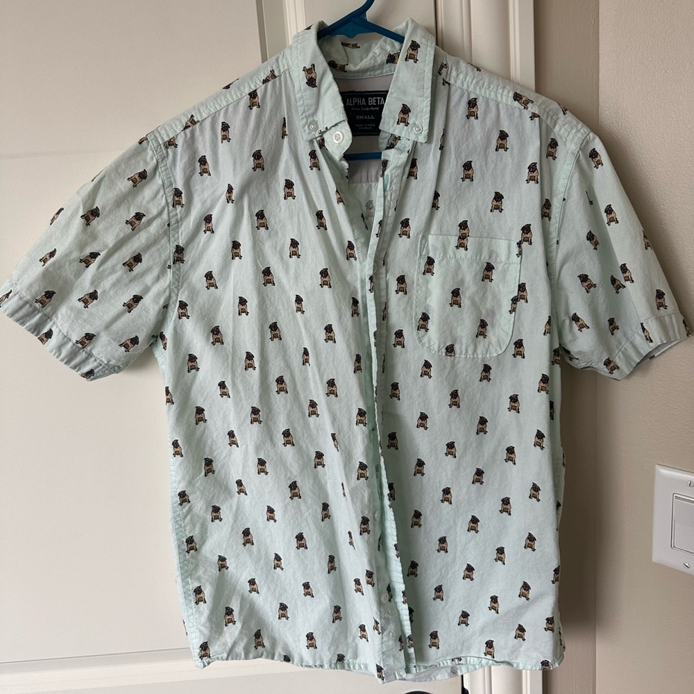 Alpha Beta Pug Graphic Button Up Short Sleeve Shirt - Small